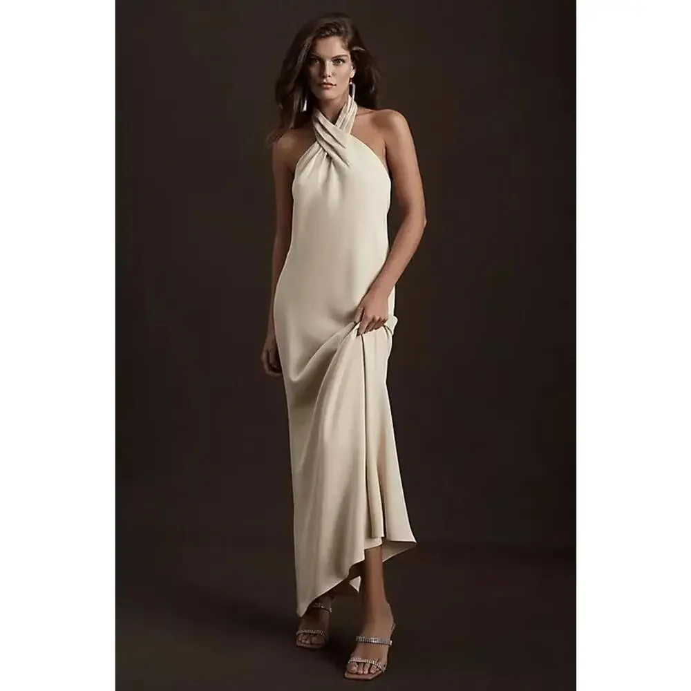 BHLDN Ruby Twist Halter Neck Satin Maxi Gown Dress Size 14 Champagne Ivory